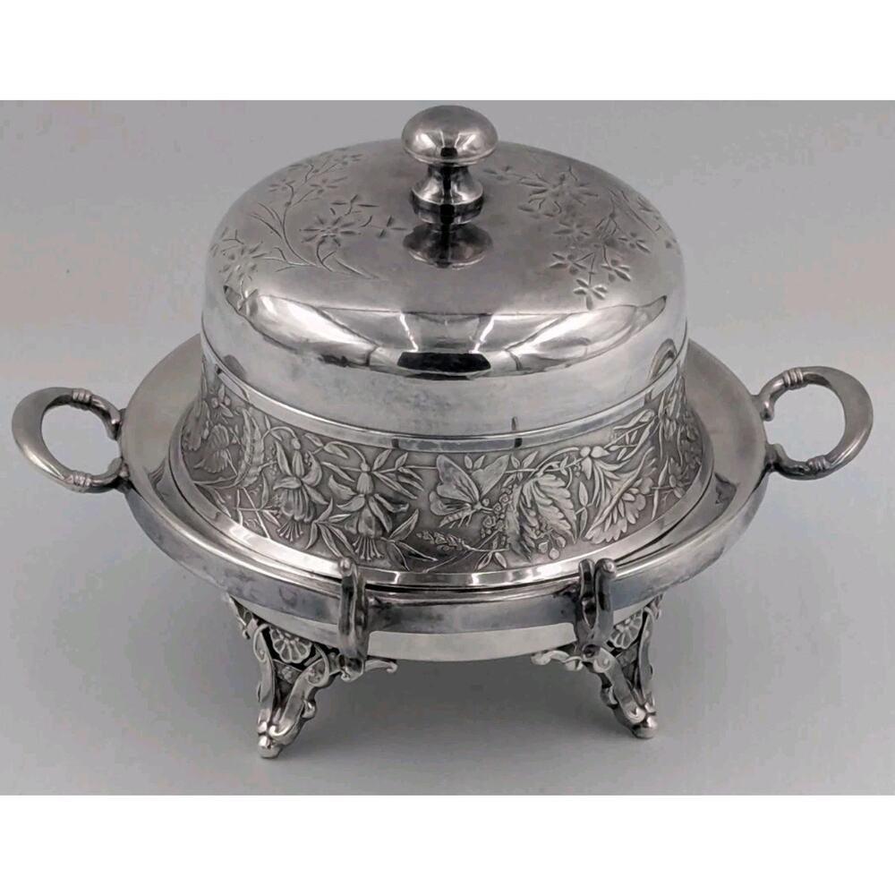 Antique Adelphi Silver Plate Domed Butter Dish Floral Design QuadruplePlate